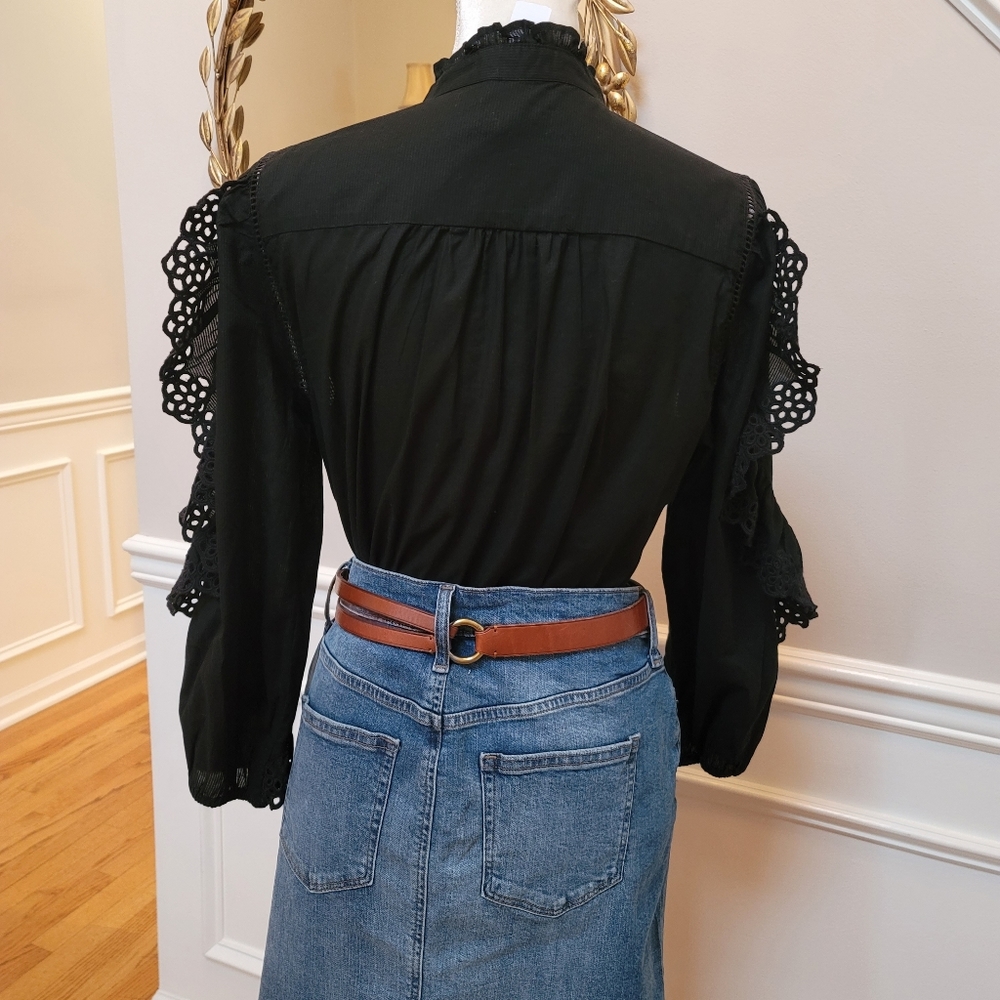 New! J Crew Sz M Ruffle-sleeve Top Embroidered Eyelet Black NWT - Picture 4 of 7